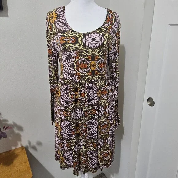 Earthbound Trading Co Fit Flare Long Sleeve Knit Flower Vine Dress - XL - Boho - Picture 1 of 10